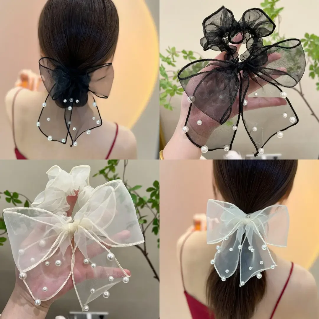 Pearl Bow Layer HairBands Silk Mesh Organza HairRope Dot Hair Scrunchie Hair Accessories Net Yarn Elastic HairTie Bands