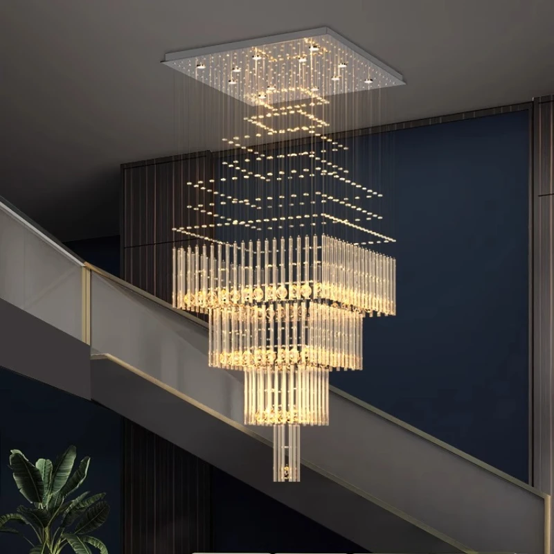 

Luxury Columnar Crystal Hanging Lamp Modern Staircase Ceiling Chandelier for Living Room Loft Cristal Lustre Light Fixture