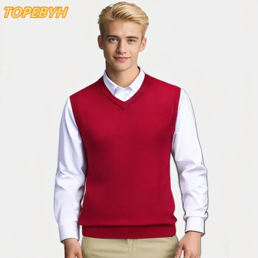 2025 New Men's Autumn High-end Sweater Vest V-neck Warm Knit Sleeveness Tank  Mens Clothes Pullover Tops