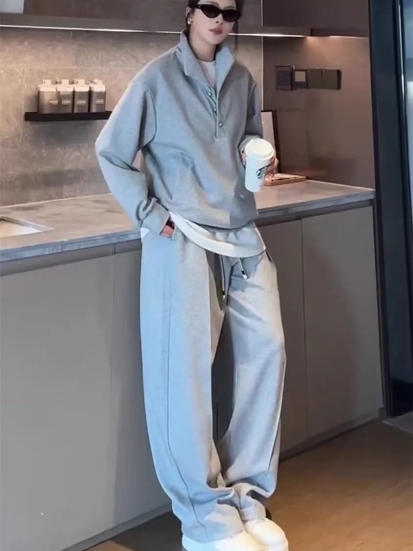 

Spring New Men's Simple Faion Casual Sports Set Loose Versatile Lapel Sweatirt Casual Pants Two-Piece Set Cotton Blend Fa...