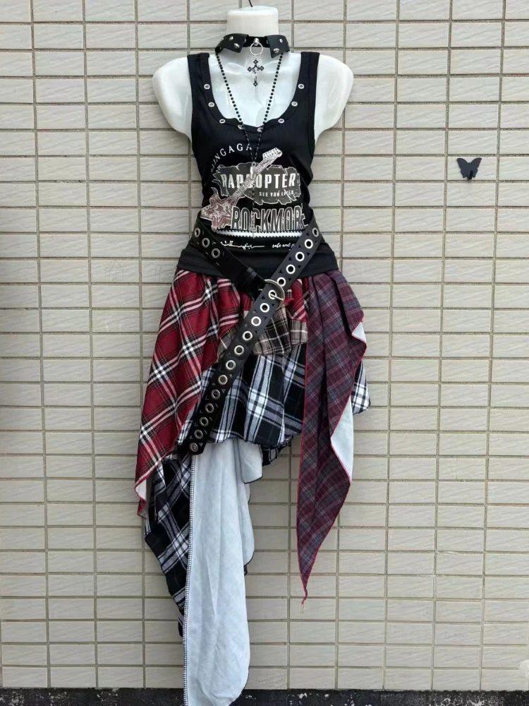 

Эстетический готический панк тонкий комплект из 2 предметов женский летний Y2k Хепберн субкультура узкий жилет + костюм с нерегулярной юбкой с высокой талией новый