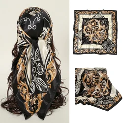 90*90 centimetri Sciarpa Quadrata Delle Donne di Raso di Seta Bandana Hijab Nero Stampato Fascia Wrap Femminile Della Signora di Viaggio Turbante 2024 Hijab Musulmano