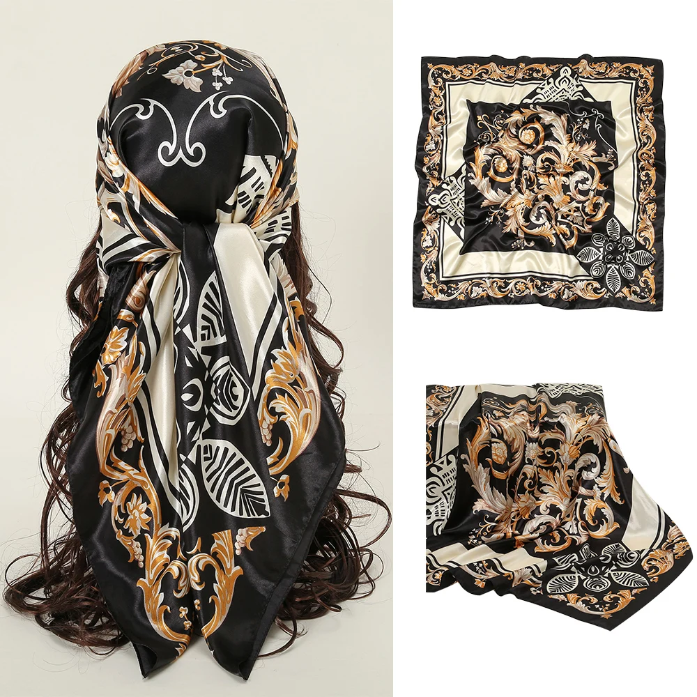 90 * 90 cm Kwadratowy szalik damski Jedwabna satynowa bandana Hidżaby Czarny drukowany pałąk na głowę Kobiecy turban podróżny 2024 Muzułmański hidżab