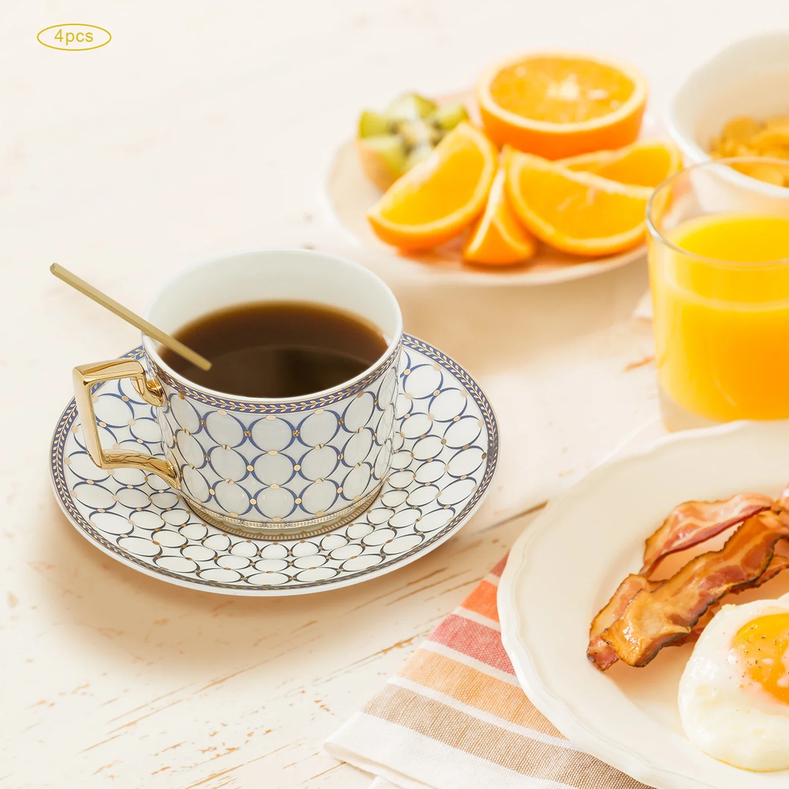 

Набор фарфоровых чайных чашек в европейском стиле из 4 предметов, 7 унций, с золотой ложкой и блюдцем