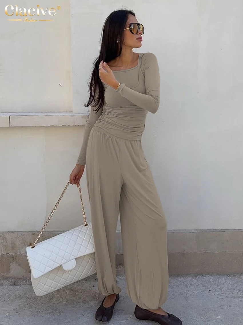 

Clacive Fashion Тонкие брюки цвета хаки Комплект из 2 предметов Женская элегантная рубашка с длинным рукавом и широкими брюками с высокой талией Комплект женской одежды