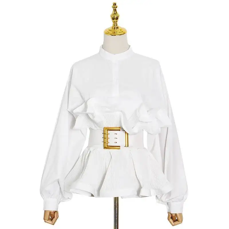 Женские рубашки Белый Черный Большой пояс 2026 Весенняя новая стильная рубашка с высокой талией и воротником-стойкой Slim Fit с длинным рукавом и оборками