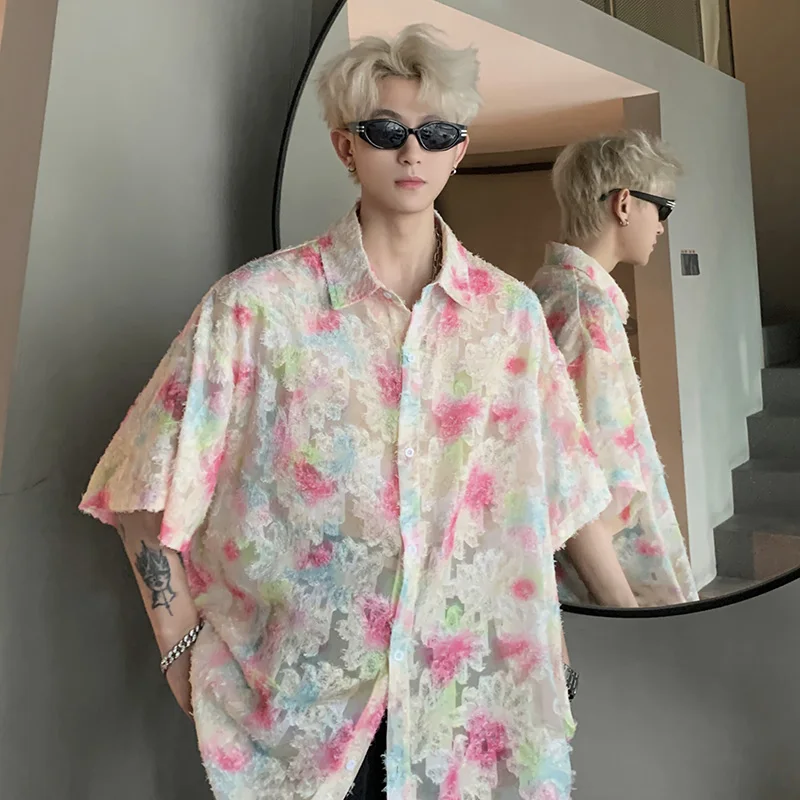 Transparent Floral Handsome Shirts Summer Thin Fashion Casual Streetwear Loose Shirt Breathable Short Sleeve Men's Clothing