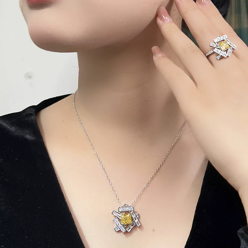 Designer Simple Style Necklace Earrings Ring Women Lady Inlay Yellow Square Cubic Zircon Interwoven Shape Pendant Jewelry Sets