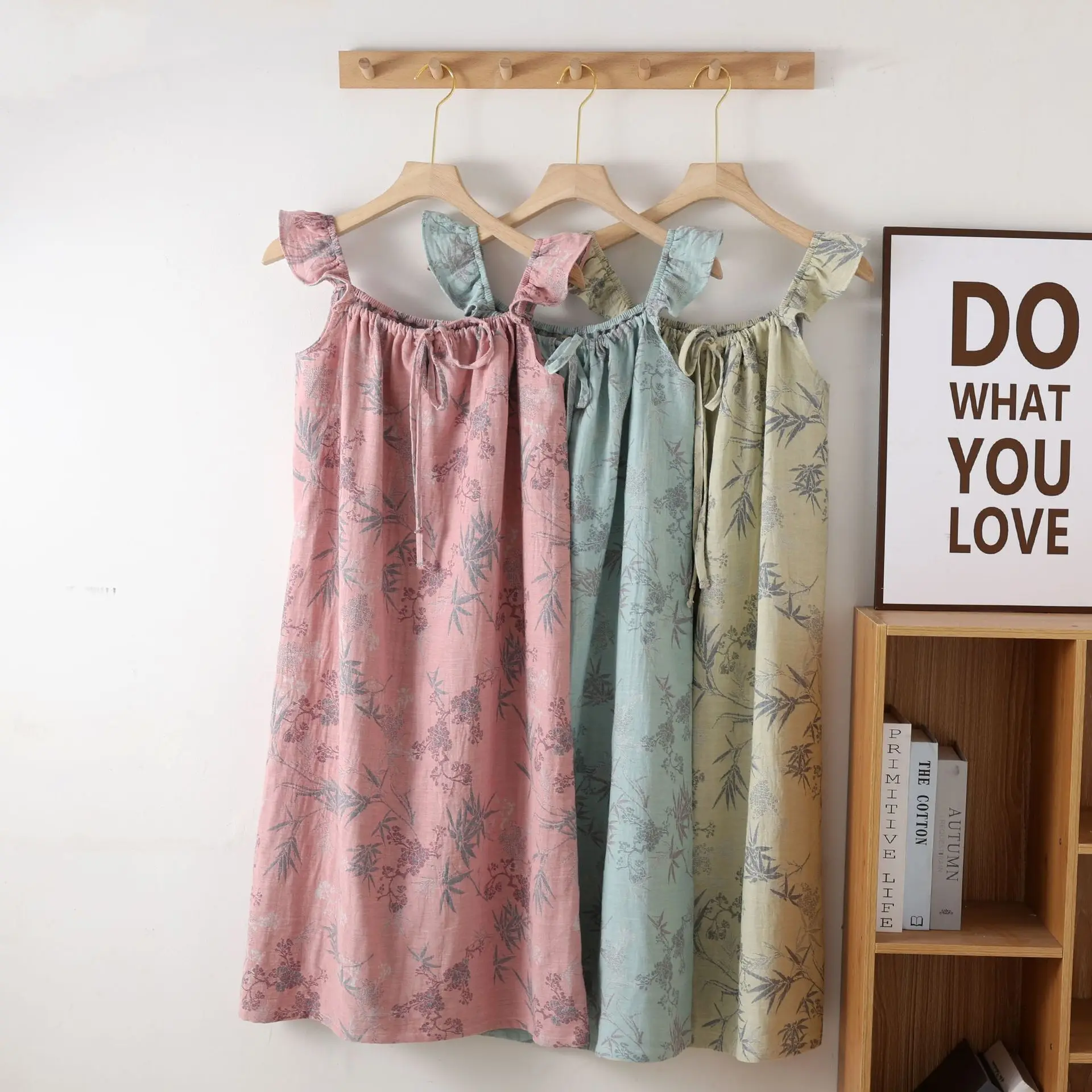 

Oriental Chinese Nightgown Women's Flutter Sleeve Sleep Dress 100% Cotton Gauze Strappy Loungewear Lightweight Summer Nightdress
