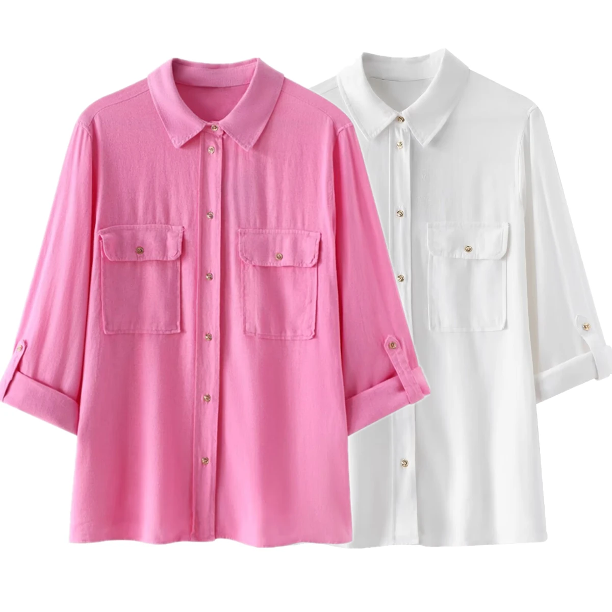 

Maxdutti With Rolled Sleeves And Fashionable Shirt Women Summer Blouse Japanese Minimalist Pocket Casual Commuter Shirt