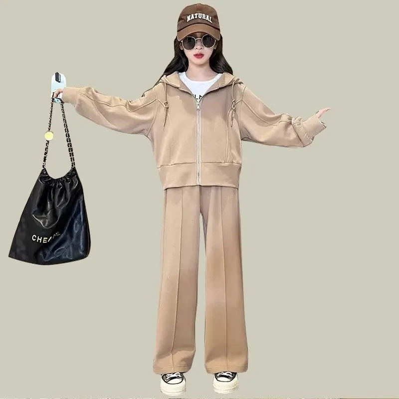 Spring Autumn Girls Plain Double Zip Workout Sweatshirt Jacket+Sweatpant School Kids 2PCS Tracksuit Child Jogger Outfit