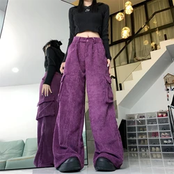 MEXZT Y2K Cargo Pants Women Streetwear Corduroy Wide Leg Sweatpants Harajuku Pockets Baggy Joggers Autumn Winter Casual Trousers