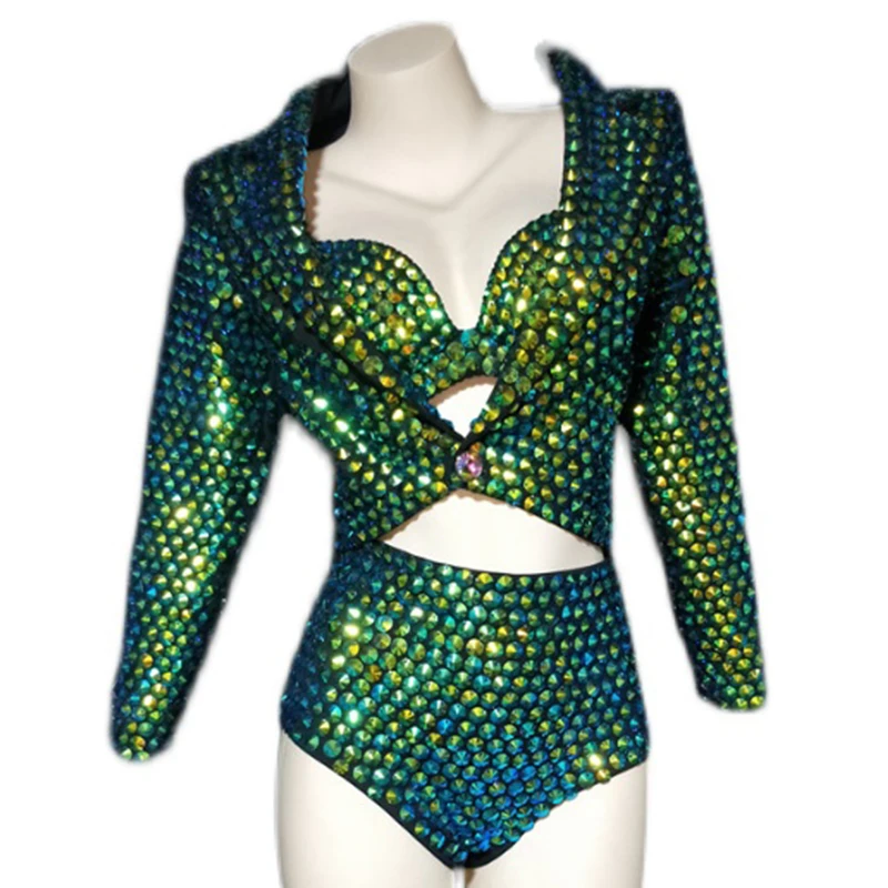 Traje de Bikini verde con diamantes de imitación para mujer, traje de bailarina y cantante, ropa Sexy para actuación en escenario, disfraces de Gogo para club nocturno, ropa para fiesta Rave yj050