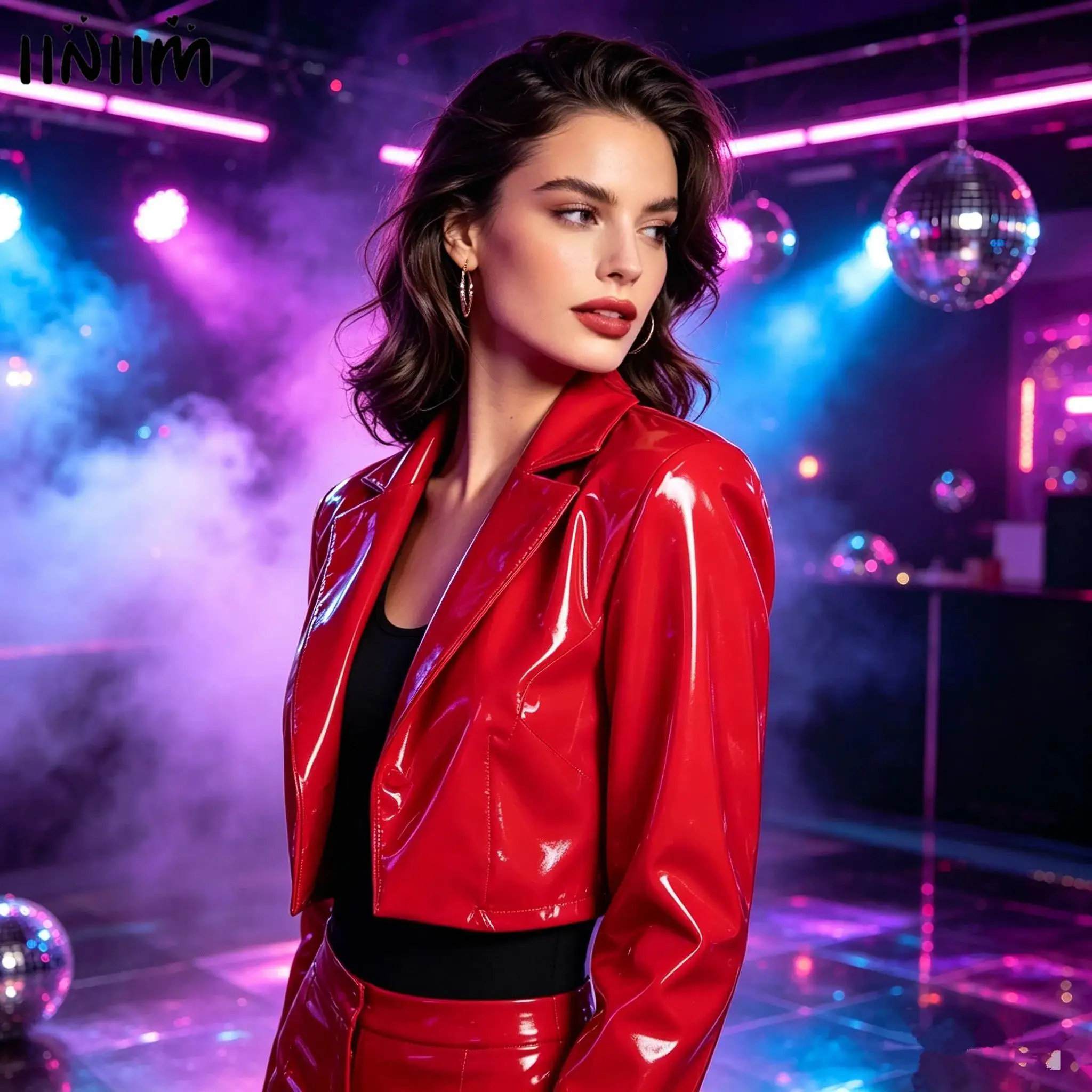 Damen Blazerjacke aus Lackleder, kurz geschnitten, mit langen Ärmeln, Reverskragen, offener Vorderseite, glänzender Kurzmantel für Club, Party, Bühnenauftritt, Oberbekleidung.
