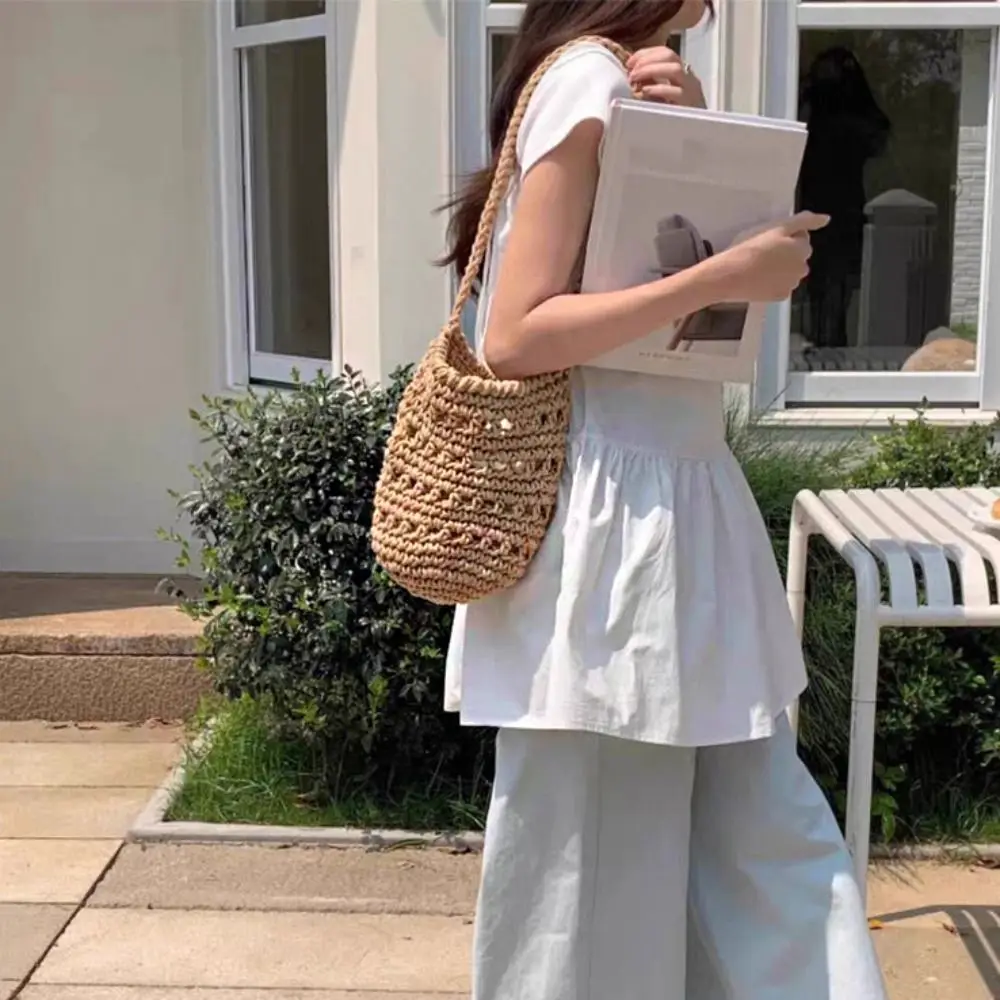 

Korean Style Hollow Out Knitted Weave Bag Solid Color Braided Knitted Shoulder Bag Handbag Vacation Style Crochet Tote Bag Beach