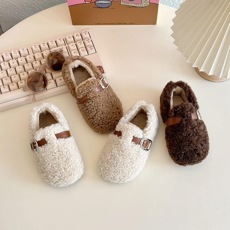 2025 New Kids' Winter Shoes Solid Color Furry Hairy Girls Fashion Causal Plush Shoes Flats Warm Non-slip Children's Fur Shoes