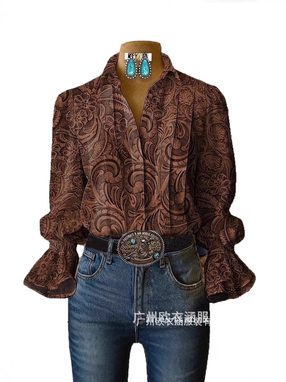 

Изысканная блузка в стиле колор-блок с элементами вестерн-стиля, удлиненные рукава, универсальная женственная блузка с вырезами