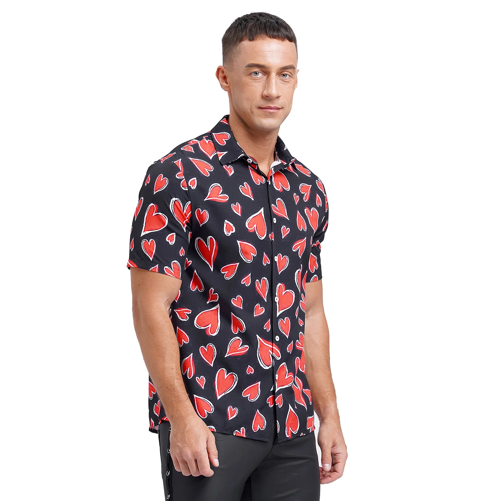 Chemise imprimée cœur pour homme, col rabattu, manches courtes, bouton, tenue de plage décontractée, vêtements de fête, Y pour rendez-vous, Leon Day