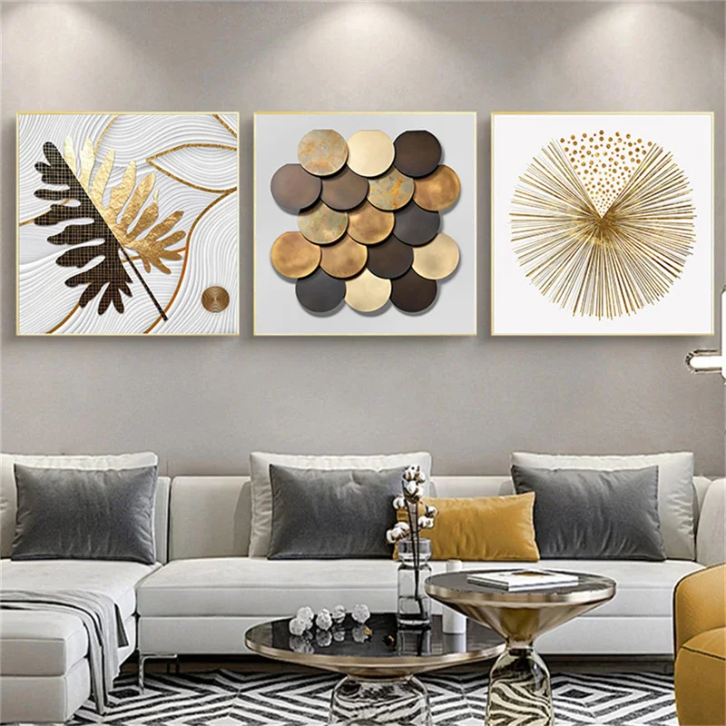 Nordic Golden Abstract Leaf Metal Wall Art Canvas Painting Golden Line Circle Poster Wall Picture for Living Room Home Decor