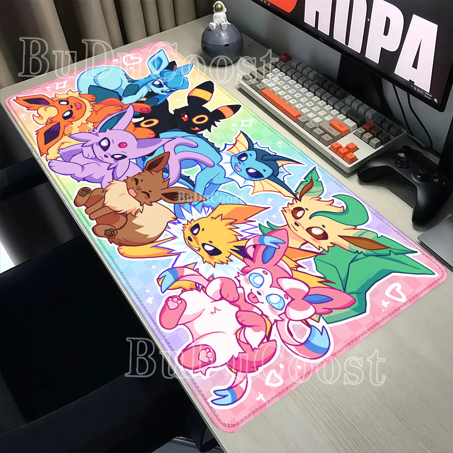Tapis de souris Eevee Family Anime Pokemon Gaming Cabinet Kawaii, impression HD XXL, antidérapant, pour clavier, bureau, PC, en caoutchouc, surpiqué