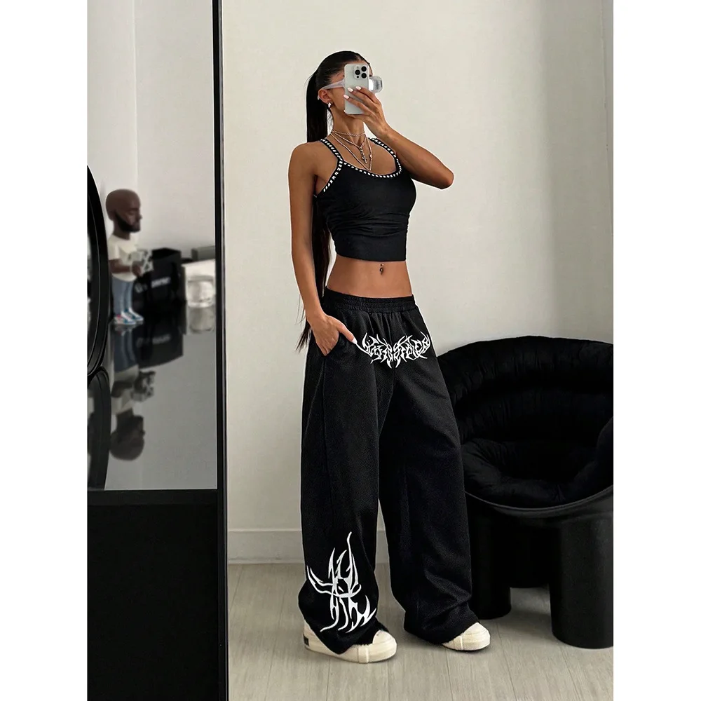 

Новые белые брюки в американском стиле для джазовых танцев в стиле хип-хоп с высокой талией, свободные прямые брюки с широкими штанинами и шнурком, спортивные модные брюки