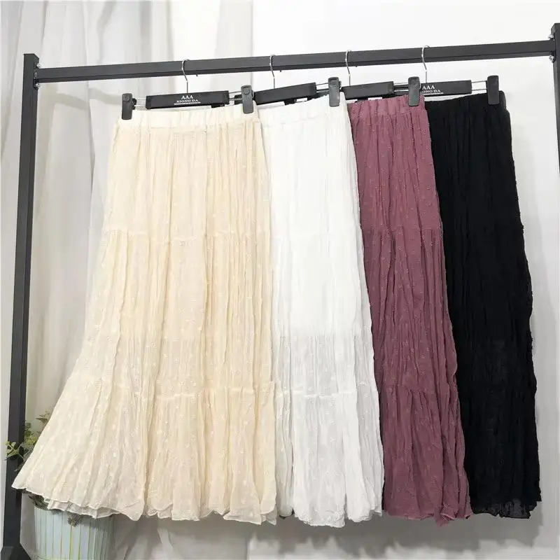 

Women's Embroidered Pleated Cotton Midi Skirt Polka Dot Lace A-Line Tulle Floral Summer Skirt for Ladies girls