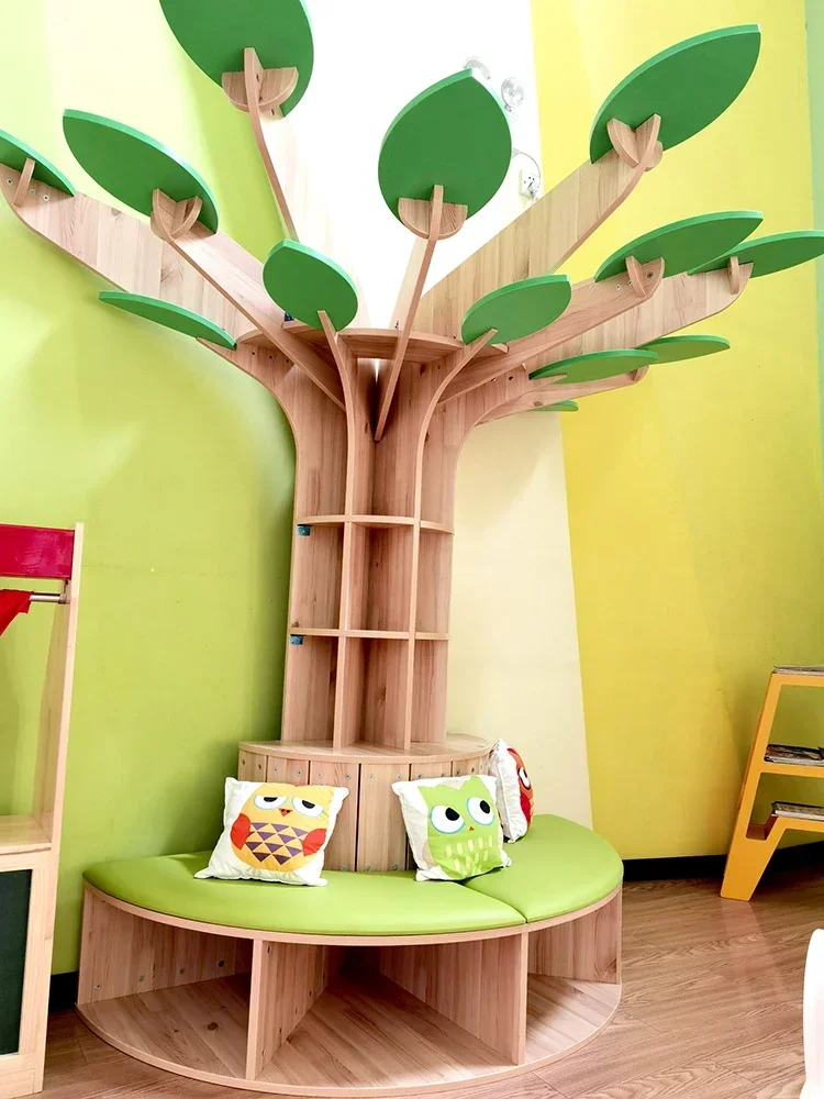 Large picture book library with pillar, tree, wall corner, large tree, and floor decoration soft furnishings