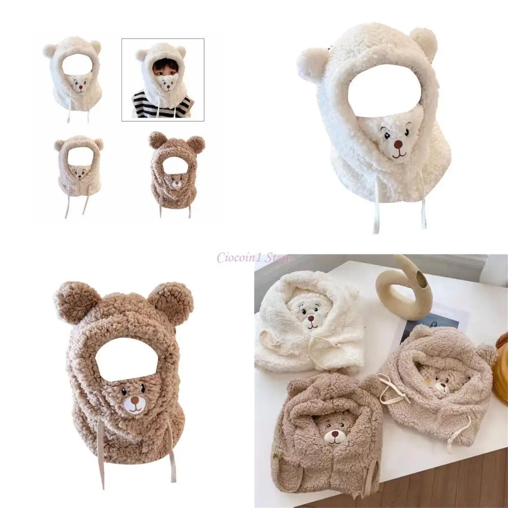 

Y1UB Bear Pattern Thick Warm Masked Caps Children Winter Plush Scarf Hat with Face Cover Kids Neck Warmer ​Hat