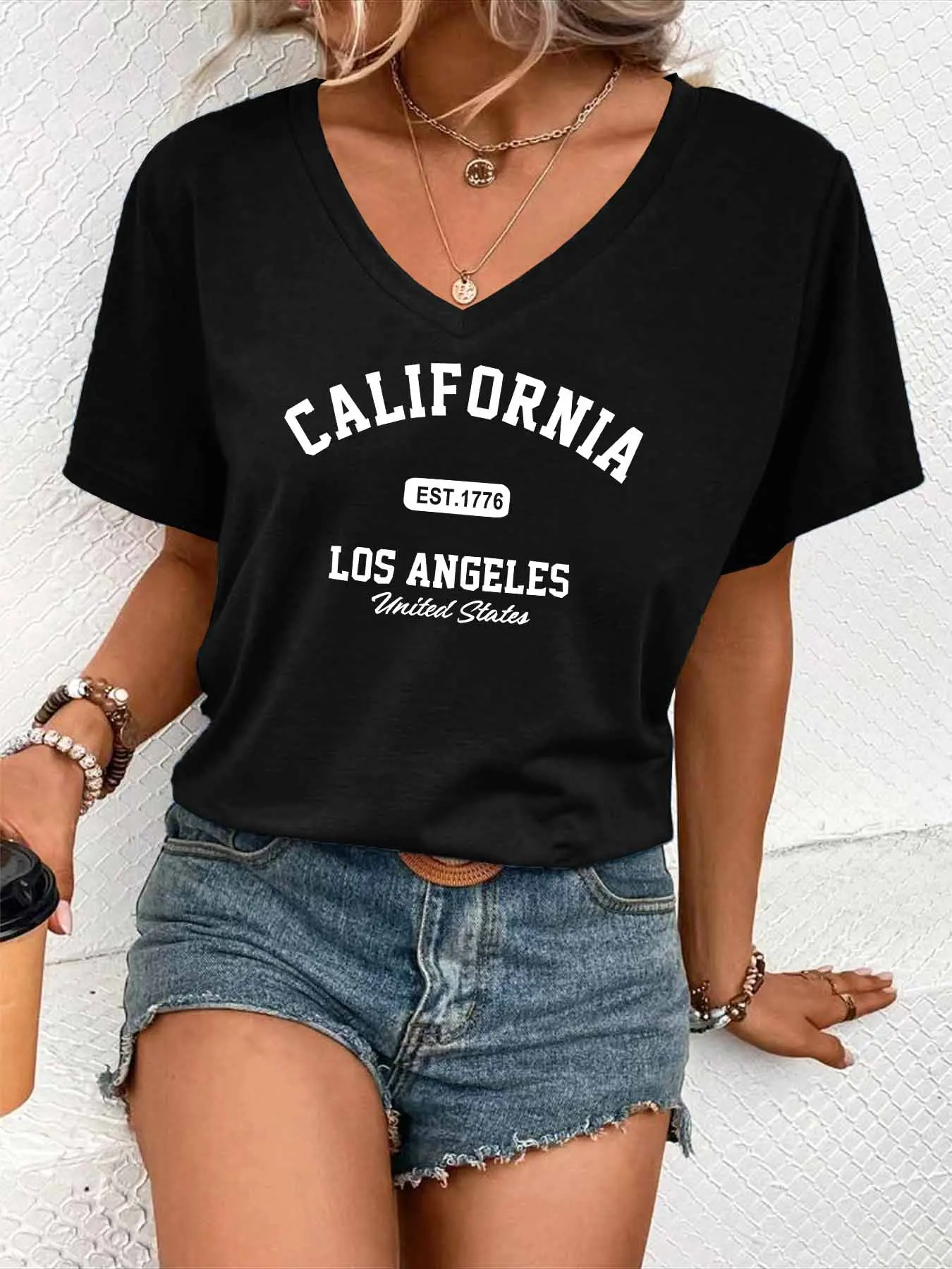 California Los Angeles Letter Print V Neck T-shirt New Female Casual Short Sleeve Tops Tee For Spring & Summer Women's Clothing