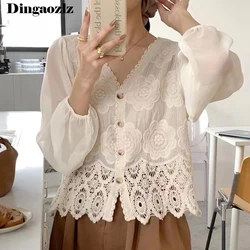 2024 Spring Summer New Chiffon Sleeve White Shirt French Chic V-neck Hook Flower Hollow Blouse Patchwork Crochet Women Tops