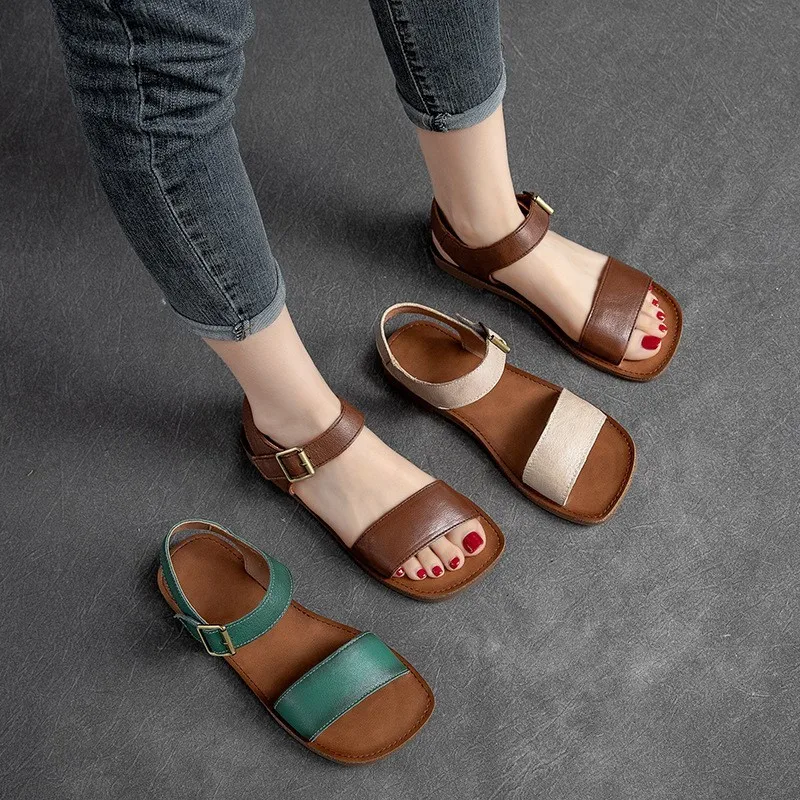 GKTINOO Summer Sandals Ladies Open Toe Genuine Leather Women Sandals New Hollow Retro Handmade Comfortable Outdoor Beach Shoes