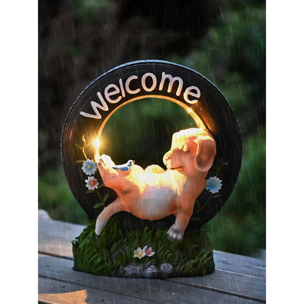 Simulation Animal Solar Night Lights Tire Dog Resin Crafts Outdoor Garden Balcony Decoration Courtyard Park Landscape Ornaments