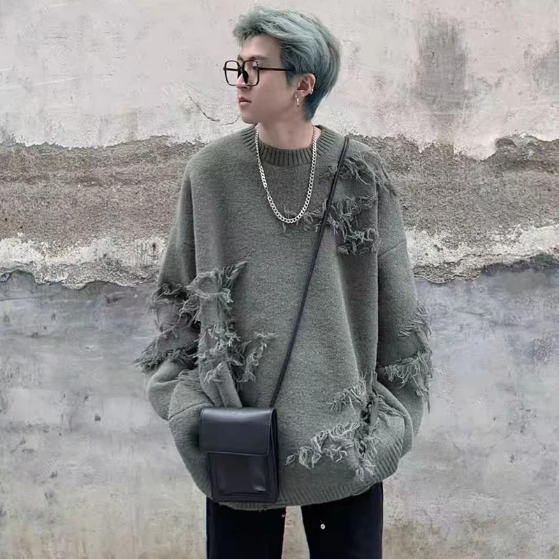 

Рваный свитер с нерегулярными отверстиями, мужской винтажный дизайн, трикотаж с круглым вырезом, пуловер, зимний уличный мужской свитер в стиле хип-хоп, вязаный