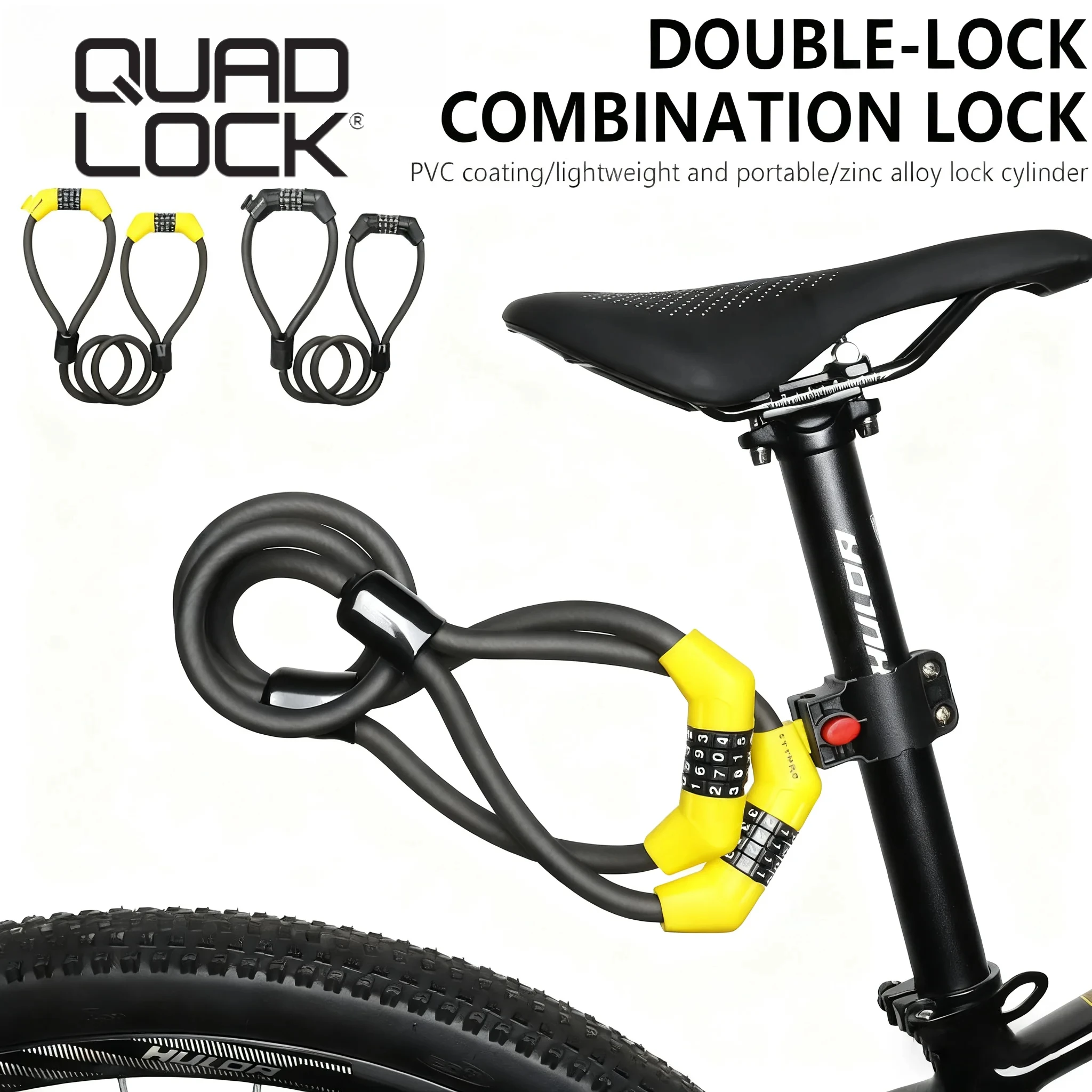 

QUAD LOCK Dual-Sided Bicycle Lock High Hardness Zinc Alloy Anti-Theft Combination Helmet Lock for 2 Bikes Cycling