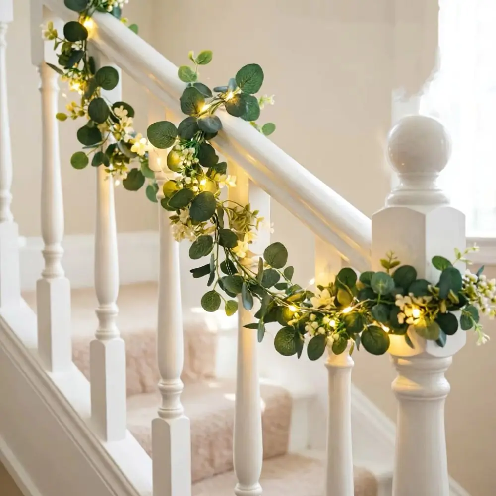 With Lights Eucalyptus Garland Green Artificial Leaves Artificial Garland White Flowers Berries Faux Greenery Garland