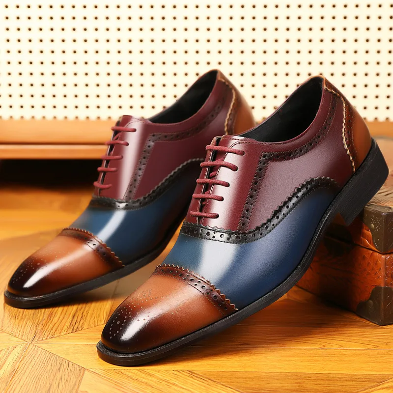 

Men's color blocked carved leather shoes, versatile British business formal dress shoes for young people large-sized dress shoes