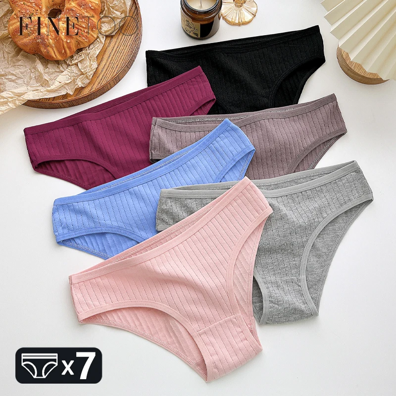 7Pcs Cotton Ribbed Striped Underwear Women's Breathable Panties Sexy Solid Plus size Briefs Ladies Stretch Sports Lingerie S-3XL