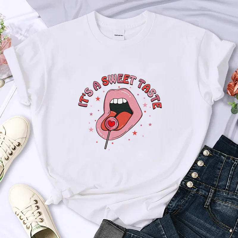 2024 Sexy Lip Sweets  For Women's High-Quality Summer Print T-shirt 100% Cotton Casual Oversized Y2k Personality Sleeve O-neck