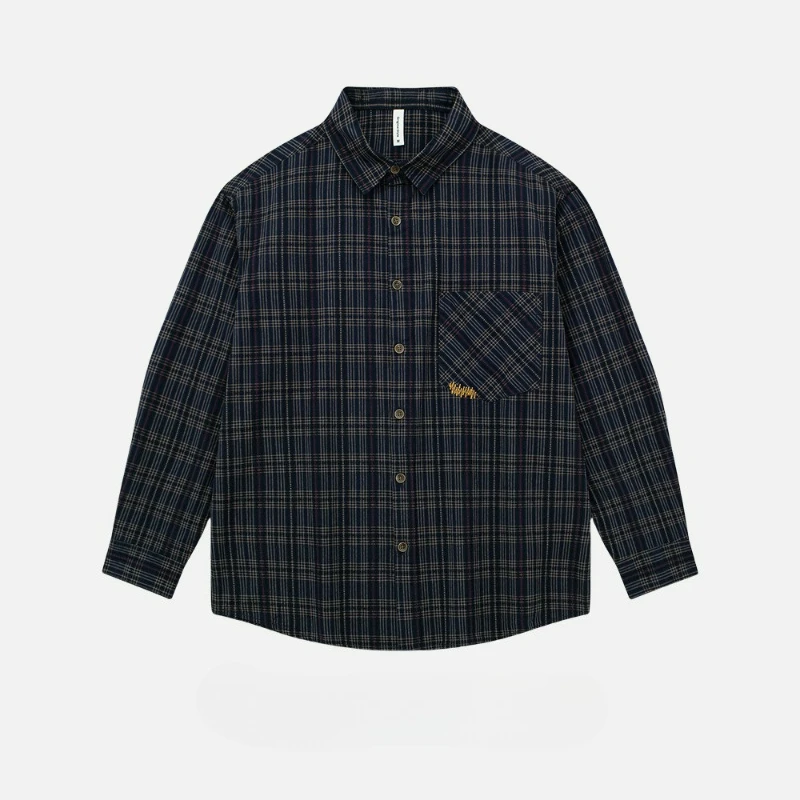 Men's Pure Cotton Checkered Long-sleeved Shirt 2026 Autumn New Fashionable Japanese Retro Embroidered Casual Washed Cotton Shirt