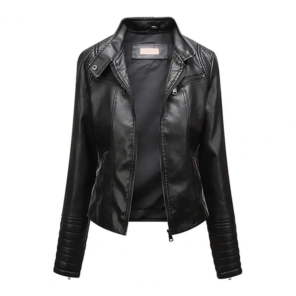 Chaqueta de cuero Artificial para mujer, chaqueta de motociclista de piel sintética, elegante, ajustada, con cuello levantado