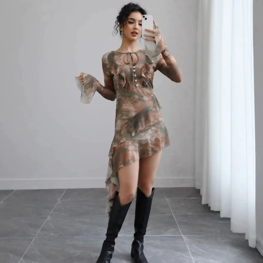 2025 nova moda recorte rendas manga alargada vestido feminino emagrecimento tie-tingido impresso vestido de malha feminino vestido de malha irregular