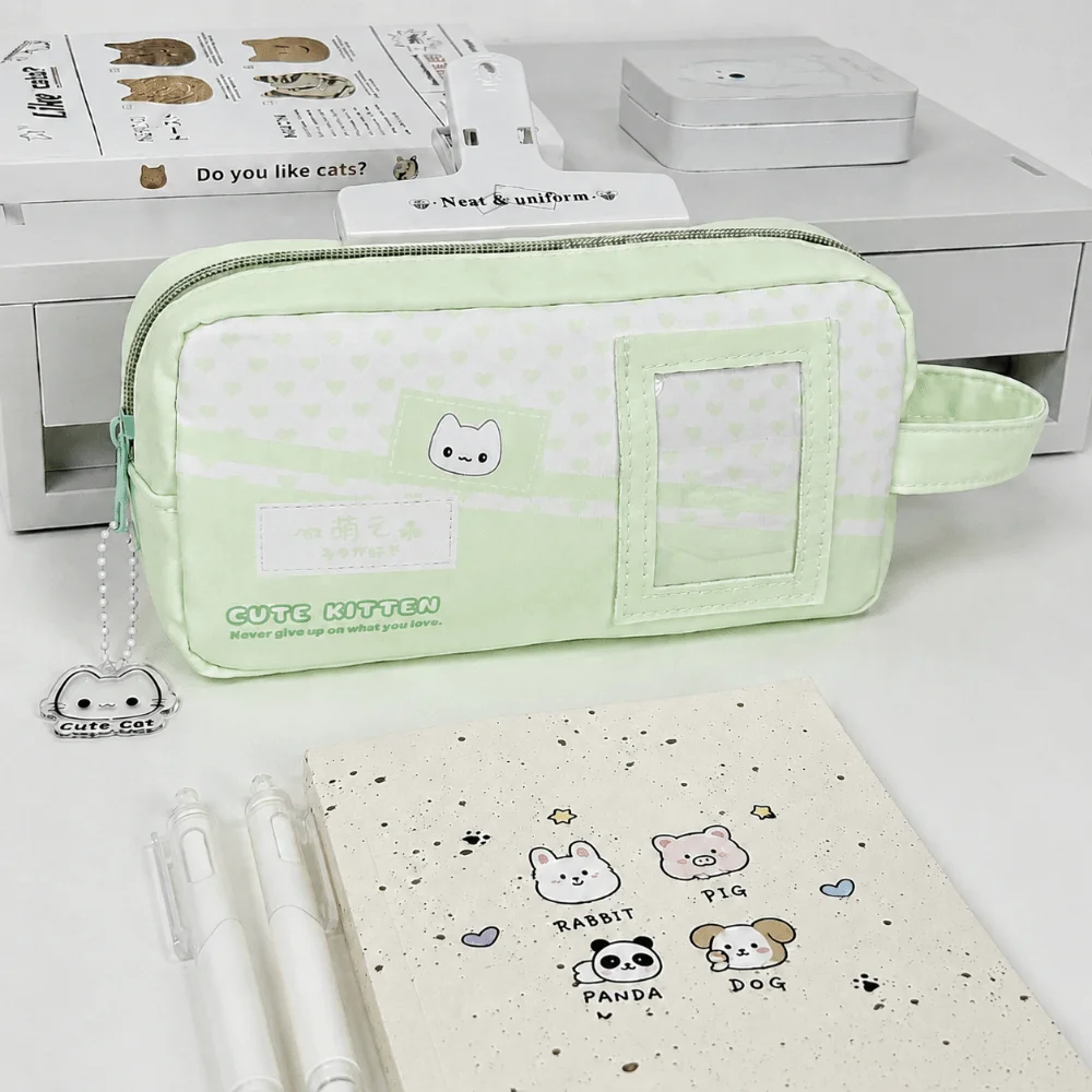 Kawaii Clear Window Pencil Case Green Large Capacity Pencil Pouch Heart Print with Handle Stationery Pouch Students