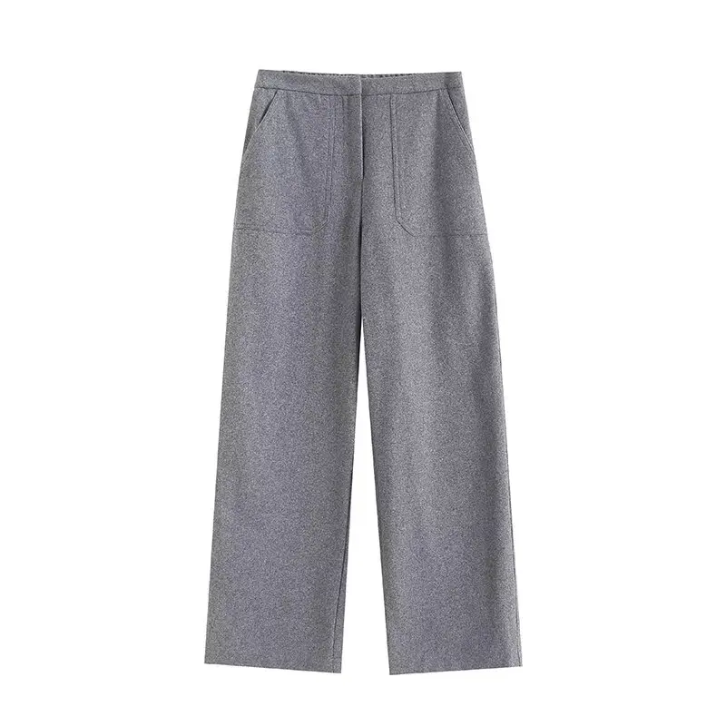

Women's new Fashion pocket decoration casual versatile wool blend straight pants retro high waisted zipper women's pants Skazi
