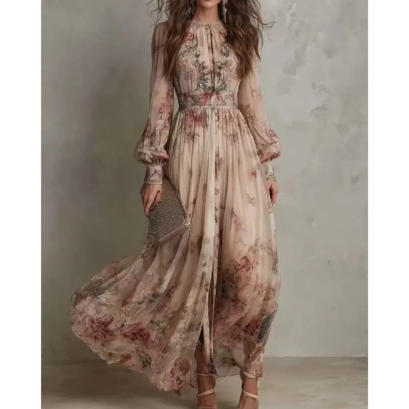 Bohemian Elegant Floral Print High Waist Dress Women Fashion O-neck Loose Hem Long Sleeved Dresses Temperament Vacation Vestidos