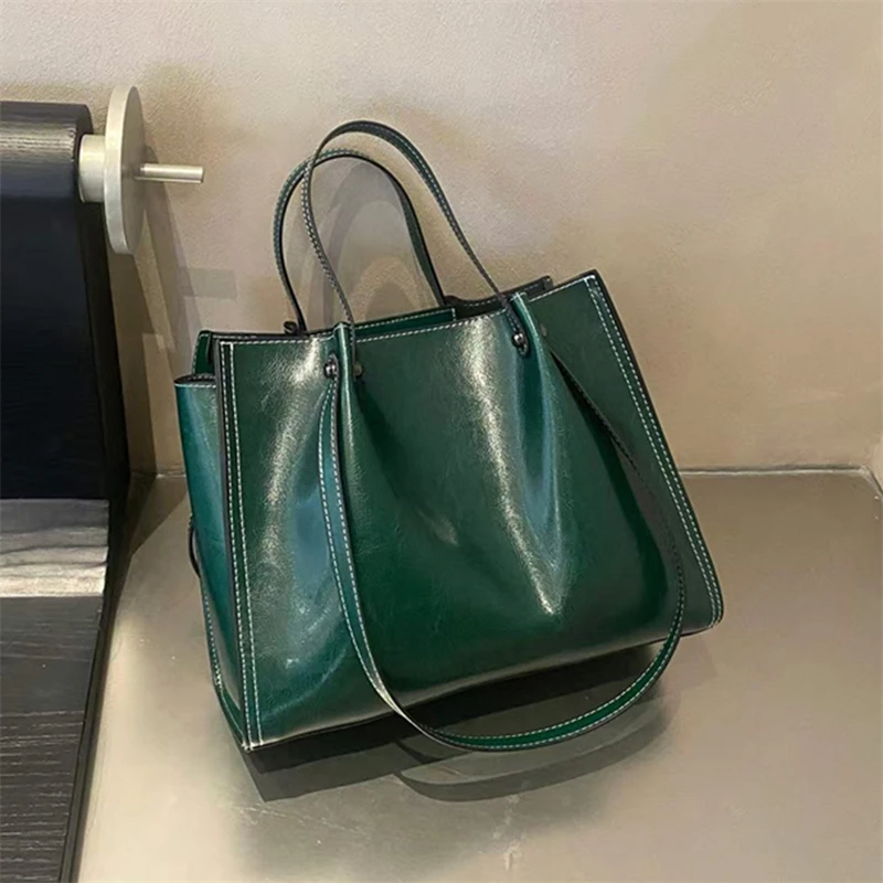 

Hifashion Vintage Genuine Leather Large Shoulder Tote Bags For Women 2025 Trend Designer Oil Wax Shopper Office Ladies Handbags