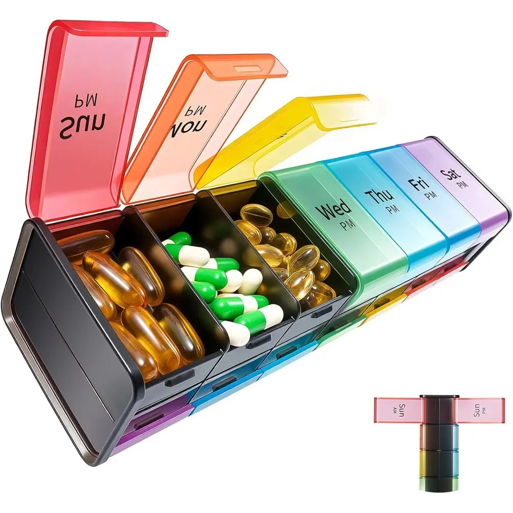 Extra Large 7-Day Pill Organizer, AM/PM Compartments, BPA-Free, Large Capacity for Medications, Vitamins, Supplements (Black)