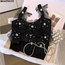 Flower Pearl Beaded Women's Vests Crop Tops 2023 Summer Sexy Elegant Vintage Stylish Ladies Knitwear Slings Sleeveless Jumpers