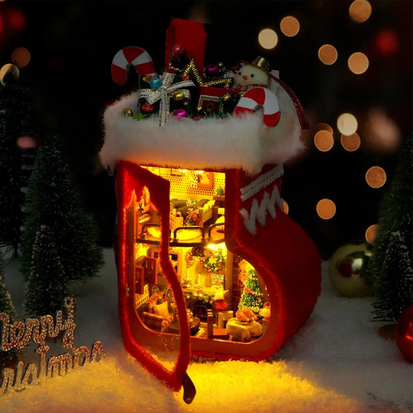 Miniature House Kit LED Light Christmas Stocking DIY Dollhouse 3D Wooden Puzzle Craft for Desk Shelf Fireplace Home Decorations