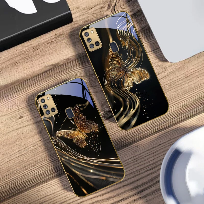 الفراشة الذهبية لسامسونج A 31 32 A33 A34 35 14 A15 13 16 25 26 50 52 53 54 55 56 70 71 72 73 حافظة هاتف زجاجية ذهبية