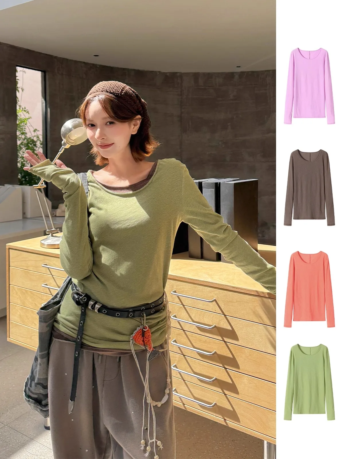 

Женский топ REREK: трикотажная футболка с эффектом потертости, длинный рукав, круглый вырез, хлопок, повседневный крой, ранняя осень